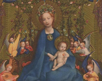 Vintage postcard: Madonna Im Rosenhag, gilt background, haloes, artist Stephan Lochner, publisher Woldemar Klein, 1930s, 106 x 145 mm