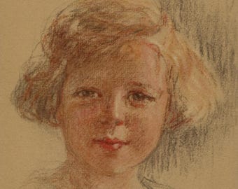 Vintage postcard: child portrait, young girl, artist signed, coloured chalk, publisher Stehli Freres, c 1930s, 90 x 140 mm