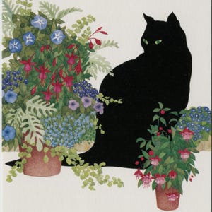 May include: A watercolor illustration features a black cat with green eyes, seated among potted plants. The plants include blue morning glories, red fuchsias, and other colorful blooms. The artwork has a soft, painterly style.