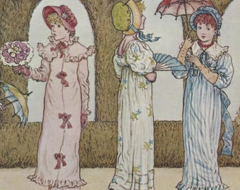 Postal antigua: Ilustración del libro "Día de San Valentín", artista Kate Greenaway, Medici, c. 1960, 149 x 105 mm