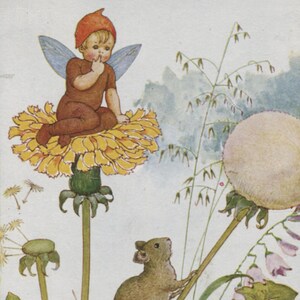 Antique postcard: Elf and Field-Mouse, artist Millicent Sowerby, Humphrey Milford Flower Fairies series, 1920s, 90 x 140 mm