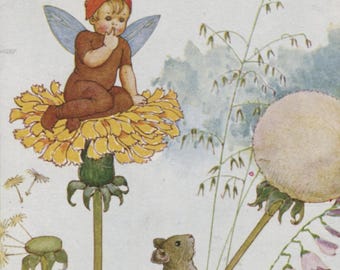 Postal antigua: Elfo y ratón de campo, artista Millicent Sowerby, serie Hadas de las flores de Humphrey Milford, década de 1920, 90 x 140 mm