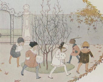 Vintage postcard: Here We Go Round The Mulberry Bush by H Willebeek Le Mair, from Our Old Nursery Rhymes, Augener card c 1920s, 140 x 90 mm