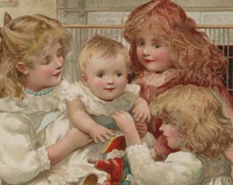 Antique Christmas postcard: three girls and a baby, toy doll, unknown artist, publisher E Nister?, undivided back, early 1900s, 140 x 90 mm
