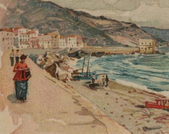 Antique postcard: Menton - Scirocco, South of France, artist Manuel Wielandt, publisher Schmidt-Staub / E Nister, early 1900s, 140 x 90 mm