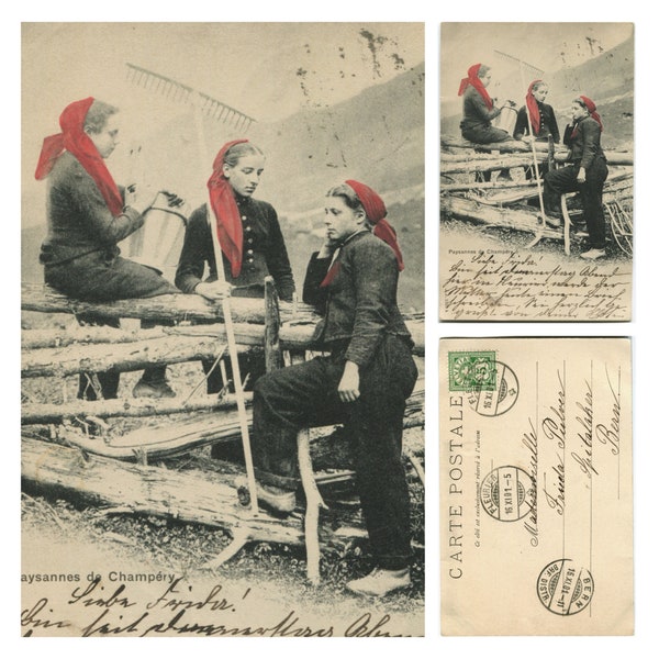 Country women of Champéry, Switzerland, antique postcard 1901, three women, red headscarves, trousers, alpine social history, undivided back