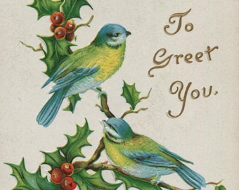 Antique Christmas postcard: blue tit birds and holly, embossed chromolithograph, To Greet You, 1900s, 88 x 138 mm
