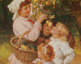 Postal artística antigua: Recogiendo manzanas, artista Frederick Morgan, editorial Medici, circa 1980, 105 x 150 mm