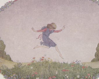 Postal antigua: La pequeña Juana saltando, artista Henriette Willebeek Le Mair, Augener 'Pequeñas rimas para gente pequeña', c. 1920, 142 x 92 mm