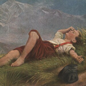 May include: Vintage illustration of a person lying on a grassy hillside with a mountain backdrop. The person wears a white shirt, red suspenders, and red shorts. A black hat rests on the grass nearby. The artwork has a soft, painterly style.