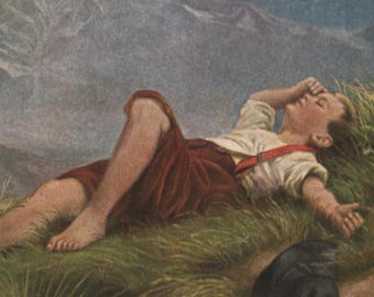 Postal artística antigua: Niño suizo tumbado en una colina cubierta de hierba, firmada por el artista P. Herthel, Arthur Rehn & Co., Berlín, matasellos de 1918, 139 x 89 mm.