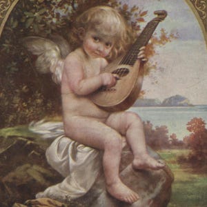May include: A vintage painting depicts a cherubic figure with blonde hair and wings, playing a lute. The child is seated on a rock, with a landscape of water and mountains in the background. The artwork has a classical, Renaissance style.