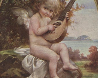 Postal antigua: Cupido con mandolina, «Una canción de amor», artista Daniel Hock, editorial Brüder Kohn, Viena, 1920, 90 x 140 mm.