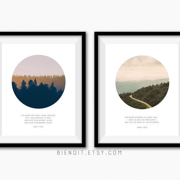 Robert Frost Two Print Set, Road Less Traveled, Miles to Go Before I Sleep, Literary Quotes, Poetry Prints, Posters, Minimalist Art