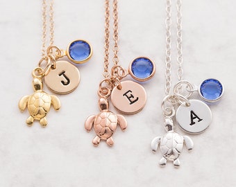 Turtle necklace, silver gold or rose gold, personalized jewelry, swarovski birthstone, initial necklace, turtle jewelry, gift for her, beach