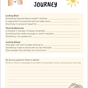 Op de afbeelding: Een journaalpagina met de titel "MY THERAPY JOURNEY" en prompts voor zelfreflectie. Bevat secties voor ervaringen uit het verleden, herinneringen en toekomstige doelen. Versierd met een regenboog, zon en boekillustraties.