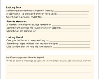 May include: A self-reflection journal page titled "MY THERAPY JOURNEY" with prompts for personal insights. Includes sections for past experiences, memories, and future goals. Decorated with a rainbow, sun, and book illustrations.