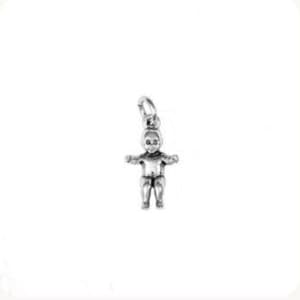 May include: A small, silver-toned metal charm shaped like a baby doll. The charm features a detailed, molded figure with outstretched arms and legs, and includes a small circular jump ring at the top for attachment to a necklace or bracelet chain.