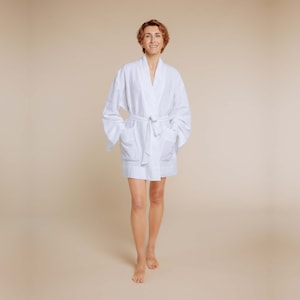 Linen Kimono Short Set: European Flax Robe with Pockets