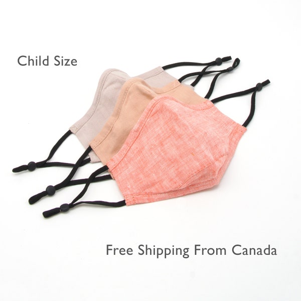 5 Child Size Washable Linen Face Masks with Filter Pocket, Adjustable Earloop Elastics and Nose Wire. Free Shipping from Canada