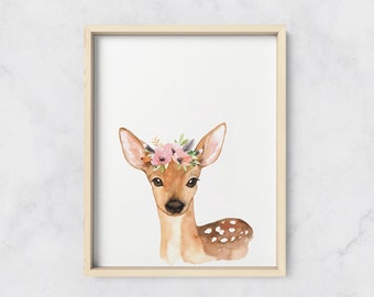 Baby Deer Print, Nursery Print, Baby Nursery Decor, Woodland Baby Animals, Watercolor Nursery, Instant Download, Baby Shower Gift, Baby Girl