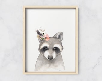 Baby Racoon, Nursery Print, Baby Nursery Decor, Woodland Baby Animals, Watercolor Nursery, Instant Download, Baby Shower Gift, Baby Girl