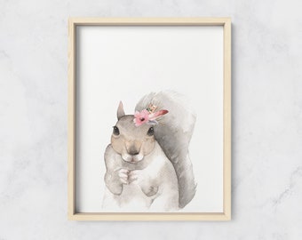 Baby Squirrel, Nursery Print, Baby Nursery Decor, Woodland Baby Animals, Watercolor Nursery, Instant Download, Baby Shower Gift, Baby Girl