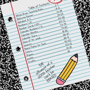 Könnte beinhalten: Eine A+ Note auf einem Notizpapier mit einem Inhaltsverzeichnis für Unterrichtsmaterialien. Enthält eine gelbe Bleistiftillustration und den Text "THE influence of a GOOD teacher can't be ERASED."