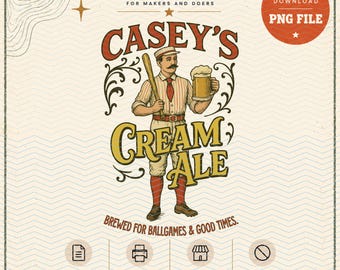 Casey's Cream Ale Vintage Baseball Beer PNG | Retro Americana Design (Digital Download)