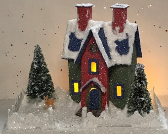 ORIGINAL size Green and Red Putz House / Glitter House / Christmas Village / Putz Glitter House / Handmade Putz / Handcrafted Putz