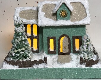 MINI Green and Light Brown Putz House - Glitter House - Christmas Village - Putz House - Handmade Putz - Handcrafted Putz