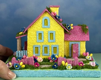 ORIGINAL Yellow and Pink Spring Putz House - Spring Putz - Putz Glitter House - Handmade Putz - Handcrafted