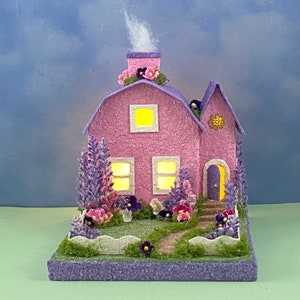 ORIGINAL Pink and Purple Easter Putz House Spring Putz Putz Glitter House Handmade Putz Handcrafted afbeelding 10