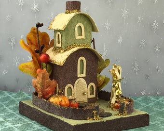 ORIGINAL Brown and Green Autumn Putz House - Glitter House - Putz Glitter House - Handmade Putz - Handcrafted Putz - Autumn
