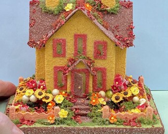 ORIGINAL size Yellow and Brown Autumn Putz House - Glitter House - Putz Glitter House - Handmade Putz - Handcrafted Putz - Autumn
