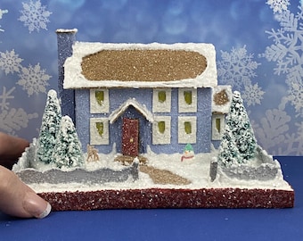 ORIGINAL size Periwinkle and Brown Putz House - Glitter House - Christmas Village - Putz Glitter House - Handmade Putz - Handcrafted
