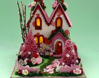 ORIGINAL size Pink and White Valentine Putz House - Glitter Village