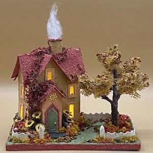 ORIGINAL size Yellow and Coral Autumn Thanksgiving Putz House Glitter House Putz Glitter House Handmade Putz Handcrafted Putz image 9