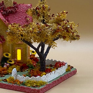 ORIGINAL size Yellow and Coral Autumn Thanksgiving Putz House Glitter House Putz Glitter House Handmade Putz Handcrafted Putz image 7