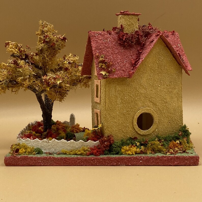 ORIGINAL size Yellow and Coral Autumn Thanksgiving Putz House Glitter House Putz Glitter House Handmade Putz Handcrafted Putz image 3