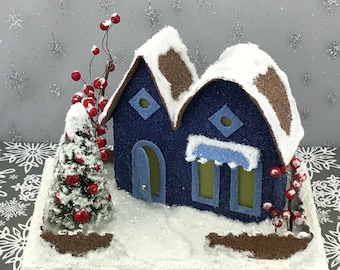 ORIGINAL Blue and Brown Putz House / Glitter House / Christmas Village / Putz Glitter House / Handmade Putz / Vintage Style / Handcrafted