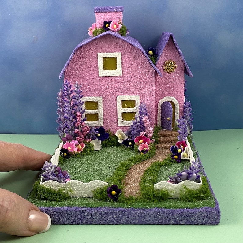 ORIGINAL Pink and Purple Easter Putz House Spring Putz Putz Glitter House Handmade Putz Handcrafted afbeelding 1