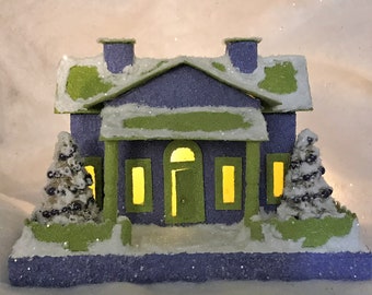 ORIGINAL Dark Periwinkle and Moss Green Putz House / Glitter House / Christmas Village / Putz House / cardboard house / vintage style / Gift