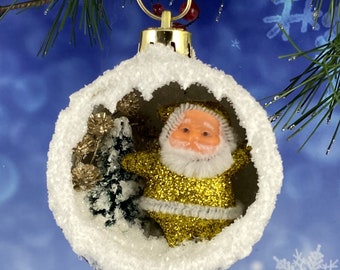 2 3/8" wide Brown Glittered Diorama Christmas Ornament - Diorama Ornament - Santa Ornament  - Christmas Gift - Teacher Gift - Ornament Gift