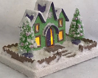 MINI size Light Green and Purple Putz House - Glitter House - Christmas Village  - Putz House - Handmade Putz - Handcrafted Putz