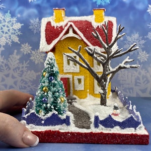 ORIGINAL size Yellow and Red Winter Putz House Glitter House Christmas Village Putz Glitter House Handmade Putz image 1