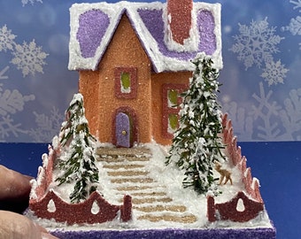 ORIGINAL Orange and Lilac Putz House / Glitter House / Christmas Village / Putz Glitter House / vintage style / Handmade Putz