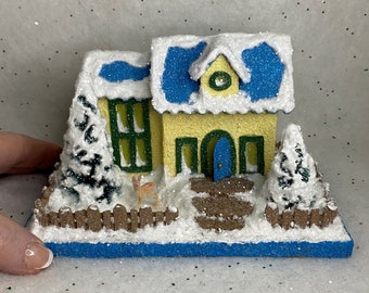 ORIGINAL size Yellow and Blue Putz House - Glitter House - Christmas Village - Putz Glitter House - Handmade Putz - Handcrafted