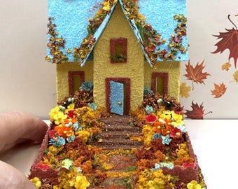 ORIGINAL size Yellow and Blue Autumn Thanksgiving Putz House - Glitter House - Putz Glitter House - Handcrafted Putz - Autumn