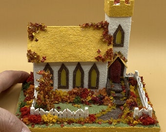 ORIGINAL size White and Yellow Autumn Putz Church - Glitter Church- Putz Glitter House - Handmade Putz - Handcrafted Putz - Autumn